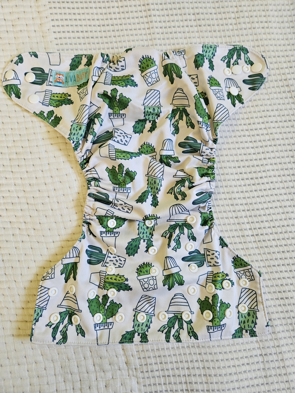 White & Green Cactus Print Adjustable Cloth Pocket Diaper - Alva Baby